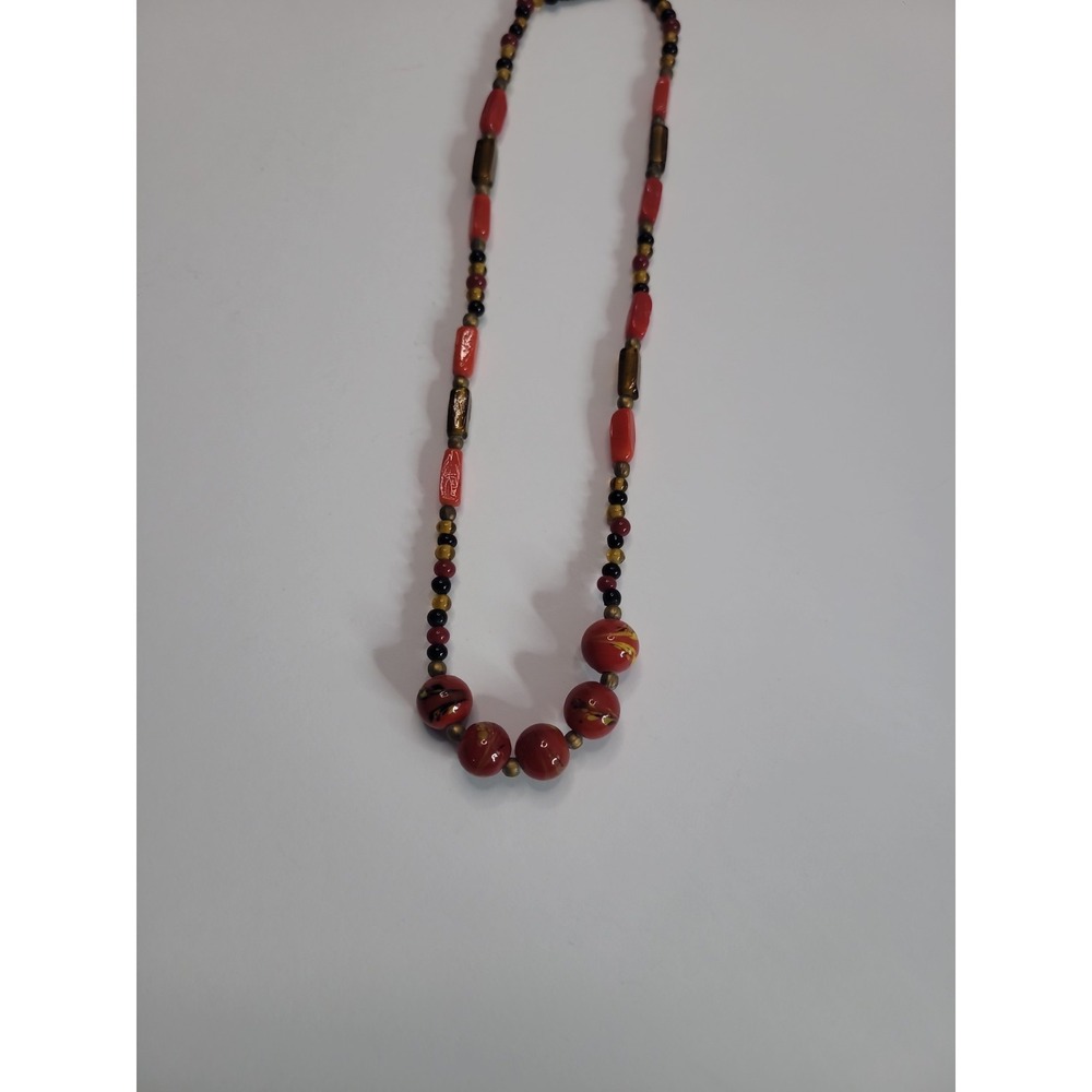Red Yellow Black Beaded Necklace Floral Round Beads Vintage Style - Picture 6 of 11